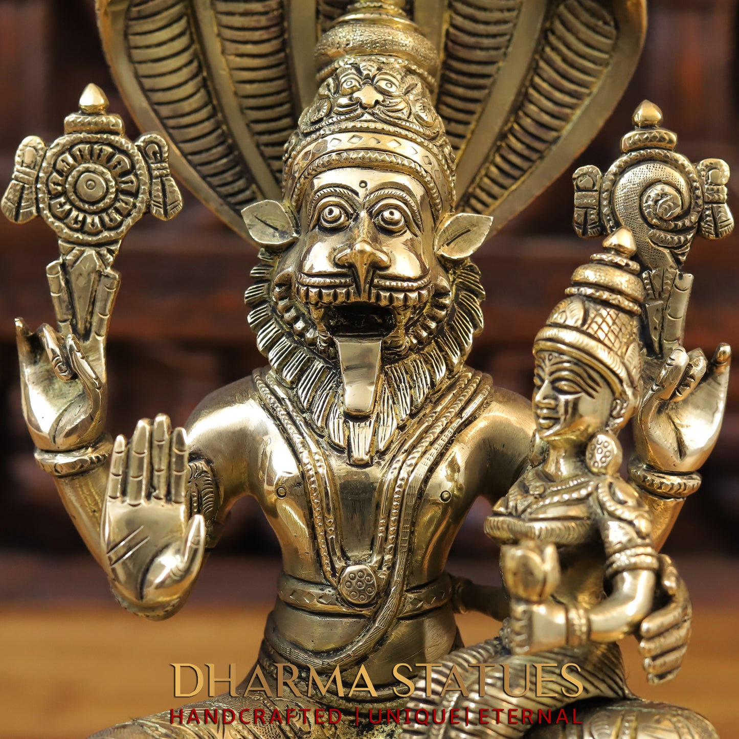 Brass Narasimha seated with Lakshmi, Fine Golden Finish, 13.5"