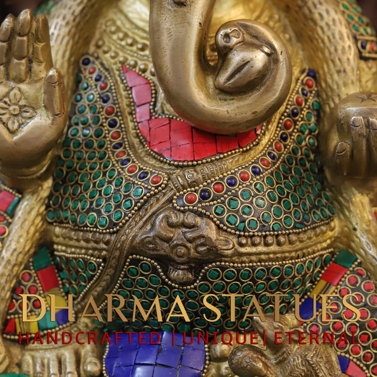 Brass Ganesh Seated with Rat, Blessing Posture, Golden & Stonework, 13"