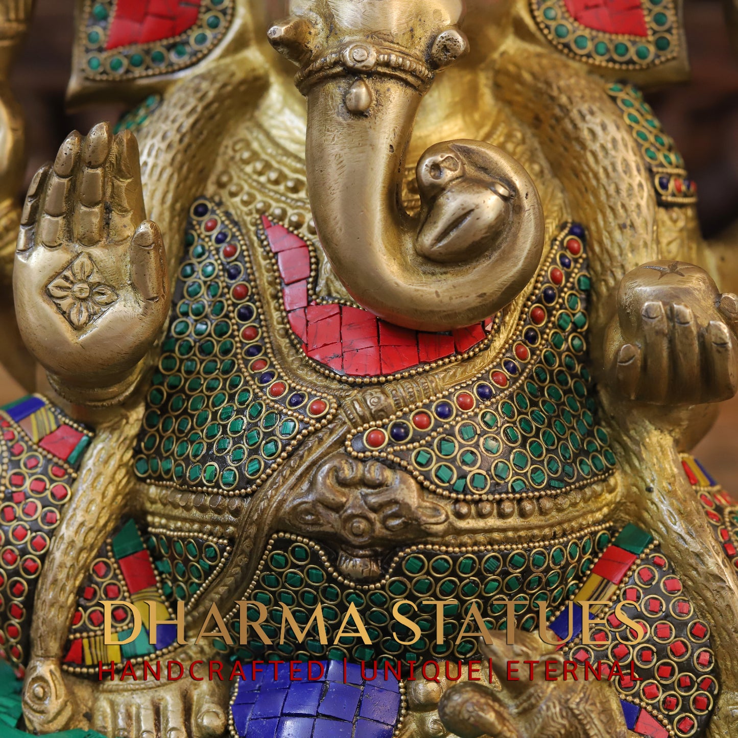 Brass Ganesh Seated with Rat, Blessing Posture, Golden & Stonework, 13"