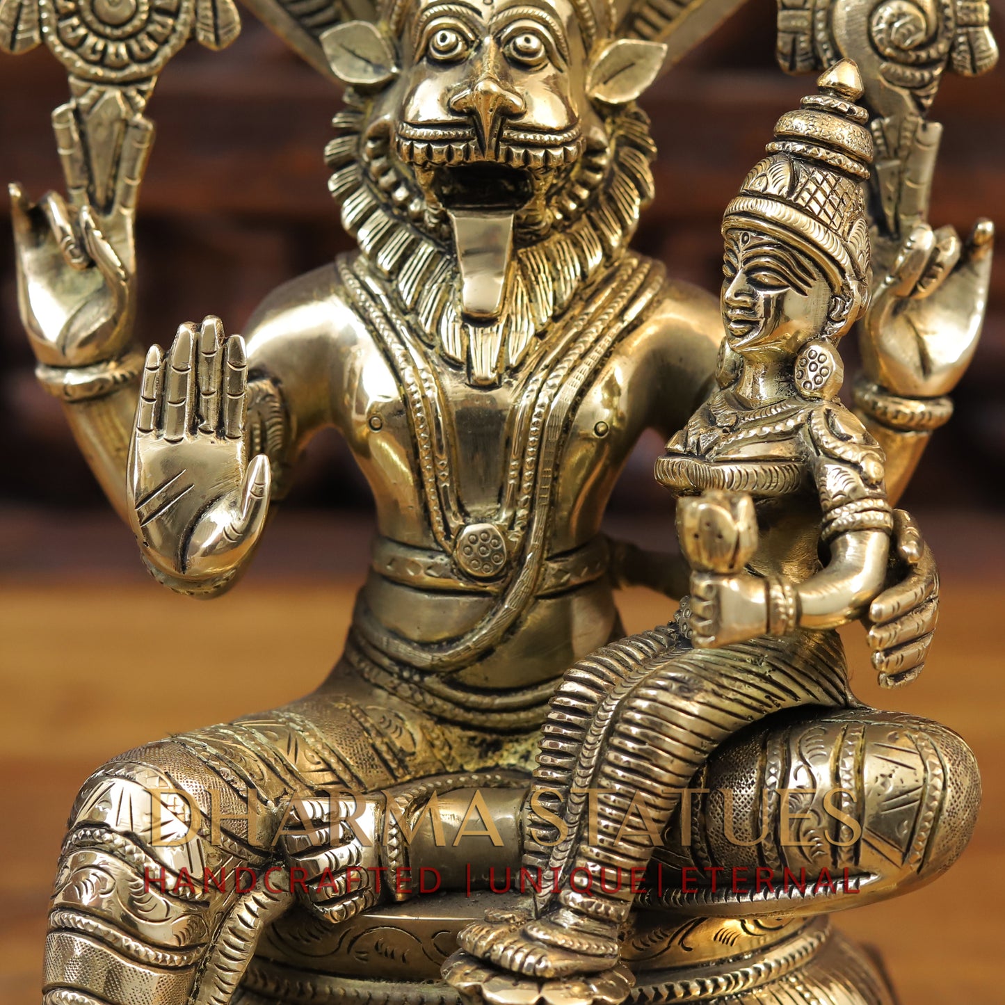 Brass Narasimha seated with Lakshmi, Fine Golden Finish, 13.5"