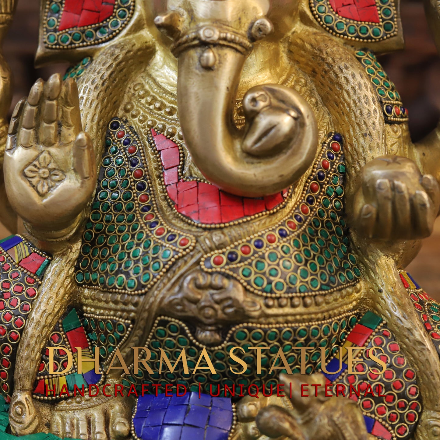 Brass Ganesh Seated with Rat, Blessing Posture, Golden & Stonework, 13"