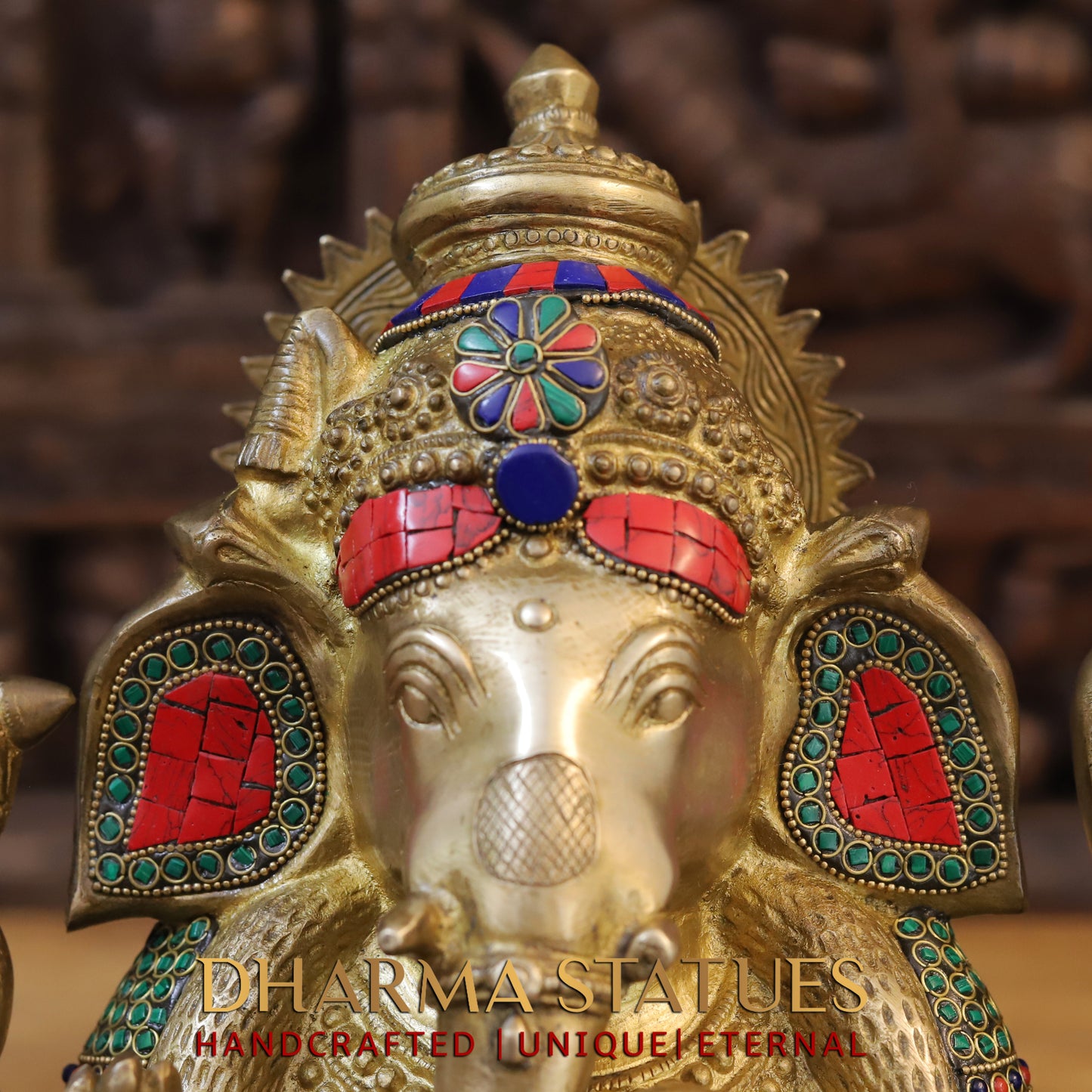 Brass Ganesh Seated with Rat, Blessing Posture, Golden & Stonework, 13"