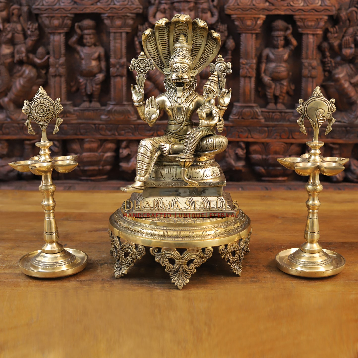 Brass Narasimha seated with Lakshmi, Fine Golden Finish, 13.5"