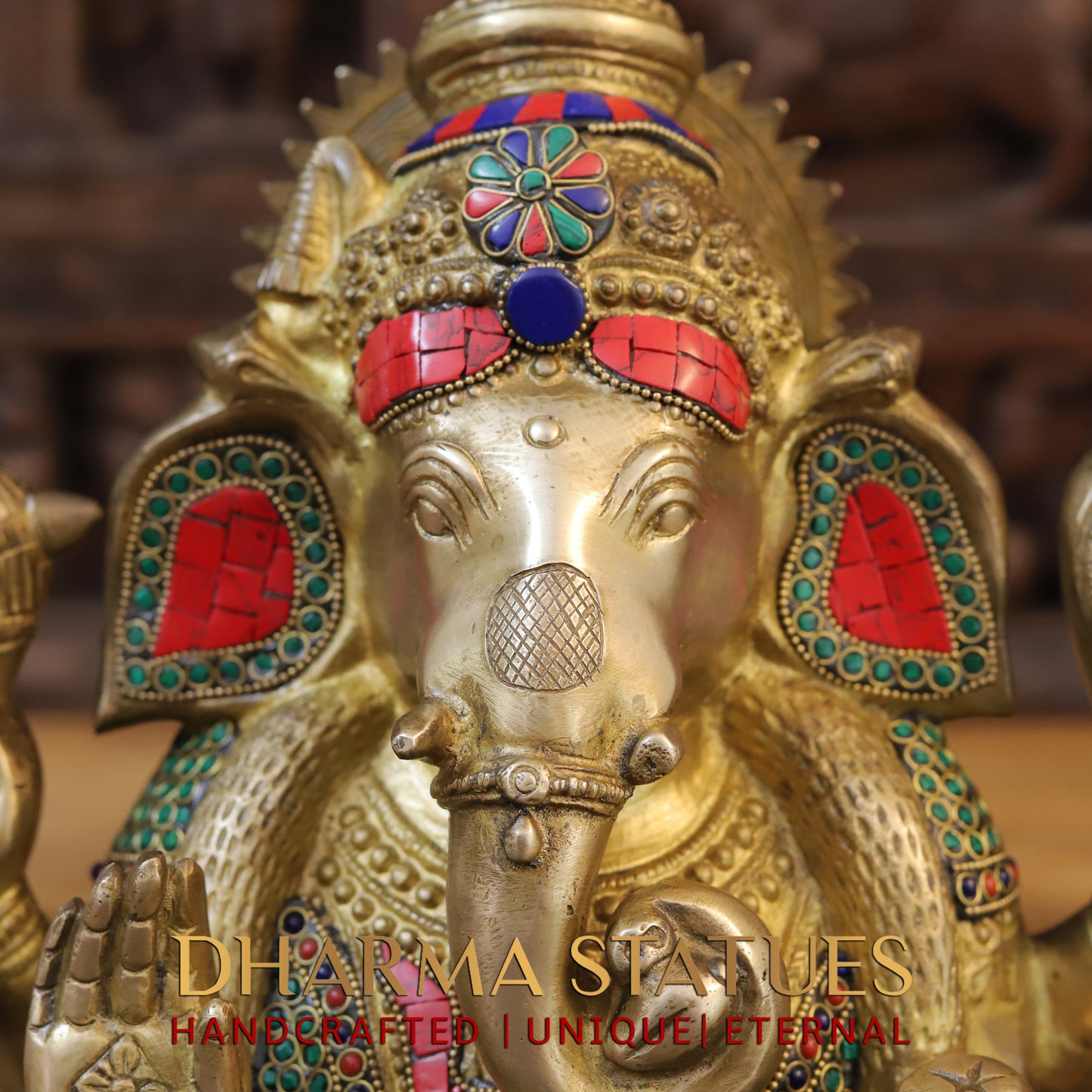 Brass Ganesh Seated with Rat, Blessing Posture, Golden & Stonework, 13"