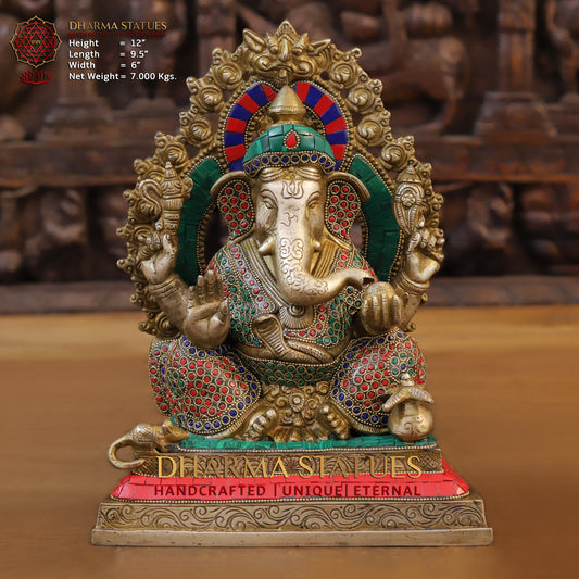 Brass Ganesh seated with Frame, Golden & Stonework, 12"