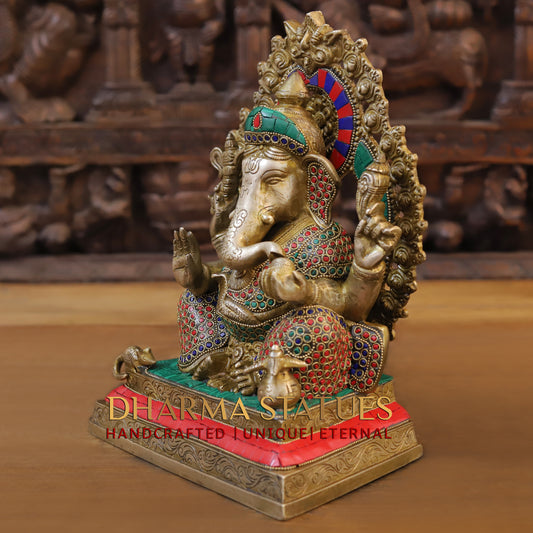 Brass Ganesh seated with Frame, Golden & Stonework, 12"