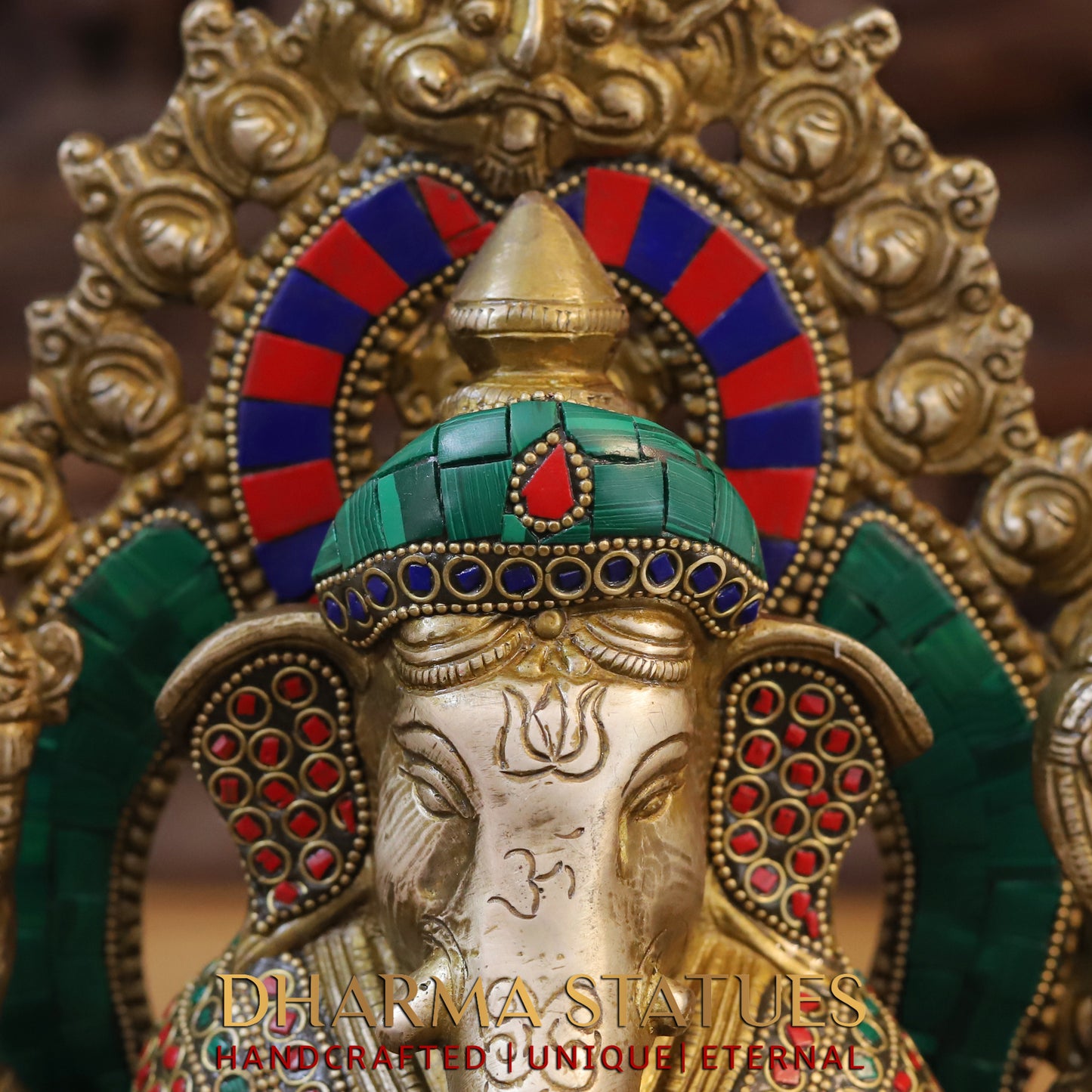 Brass Ganesh seated with Frame, Golden & Stonework, 12"