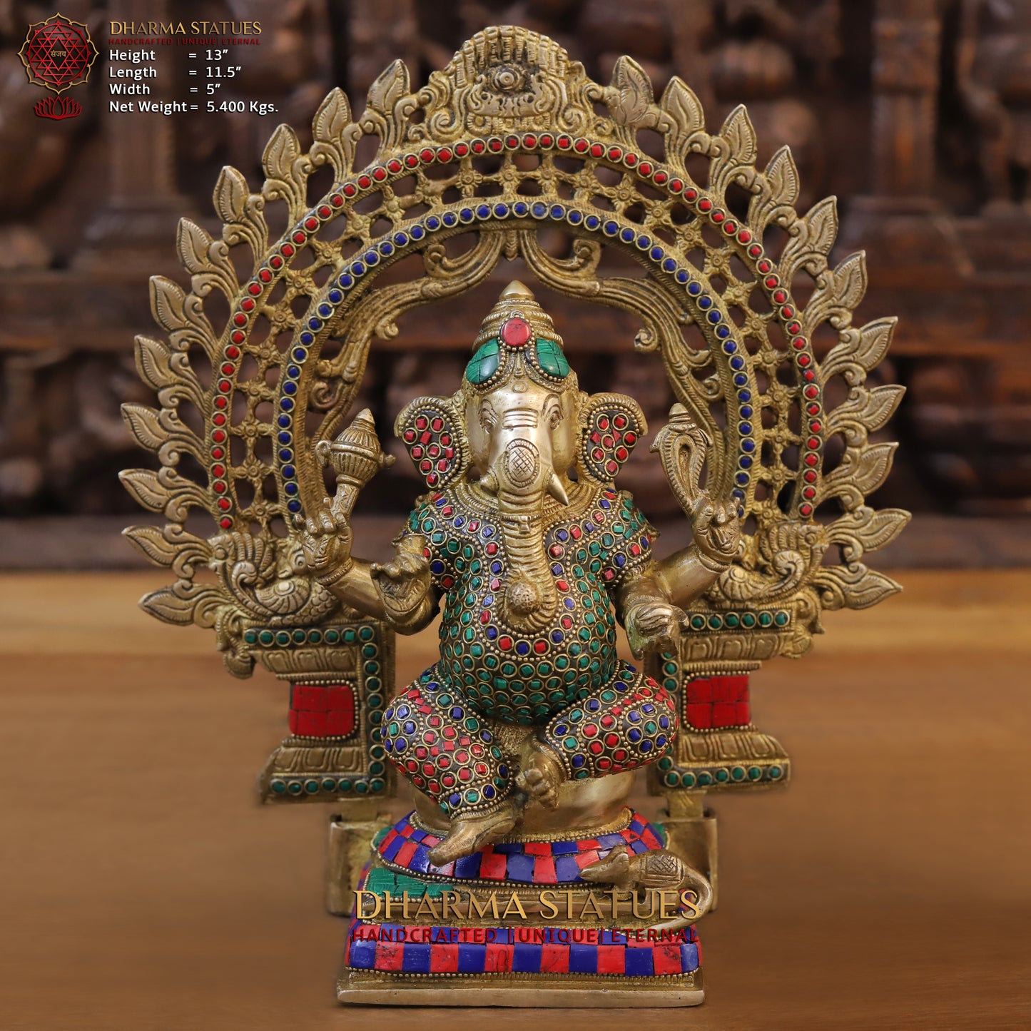 Brass Ganesh seated on Throne, Golden & Stonework, 13"