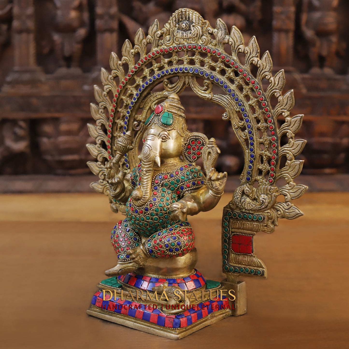 Brass Ganesh seated on Throne, Golden & Stonework, 13"