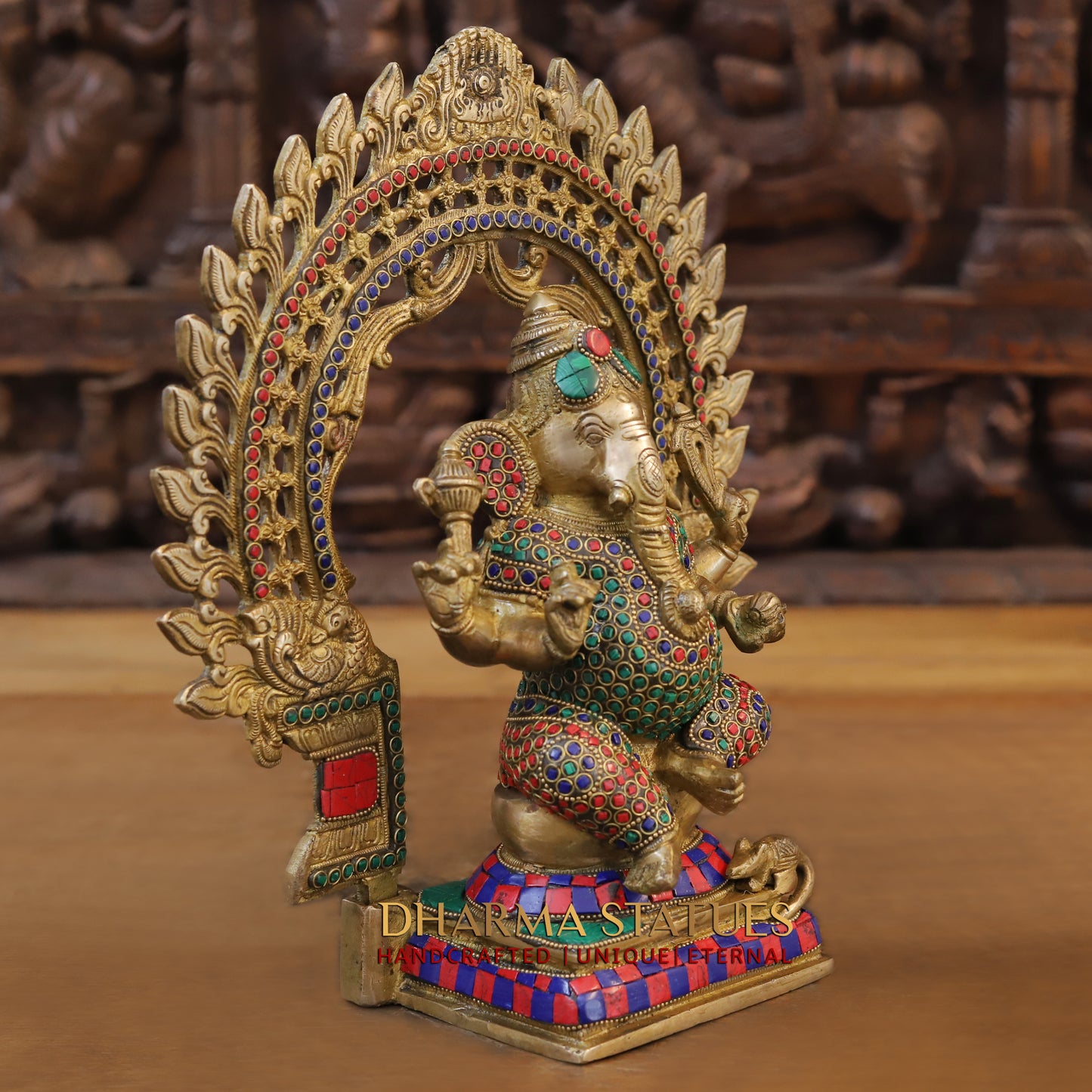 Brass Ganesh seated on Throne, Golden & Stonework, 13"