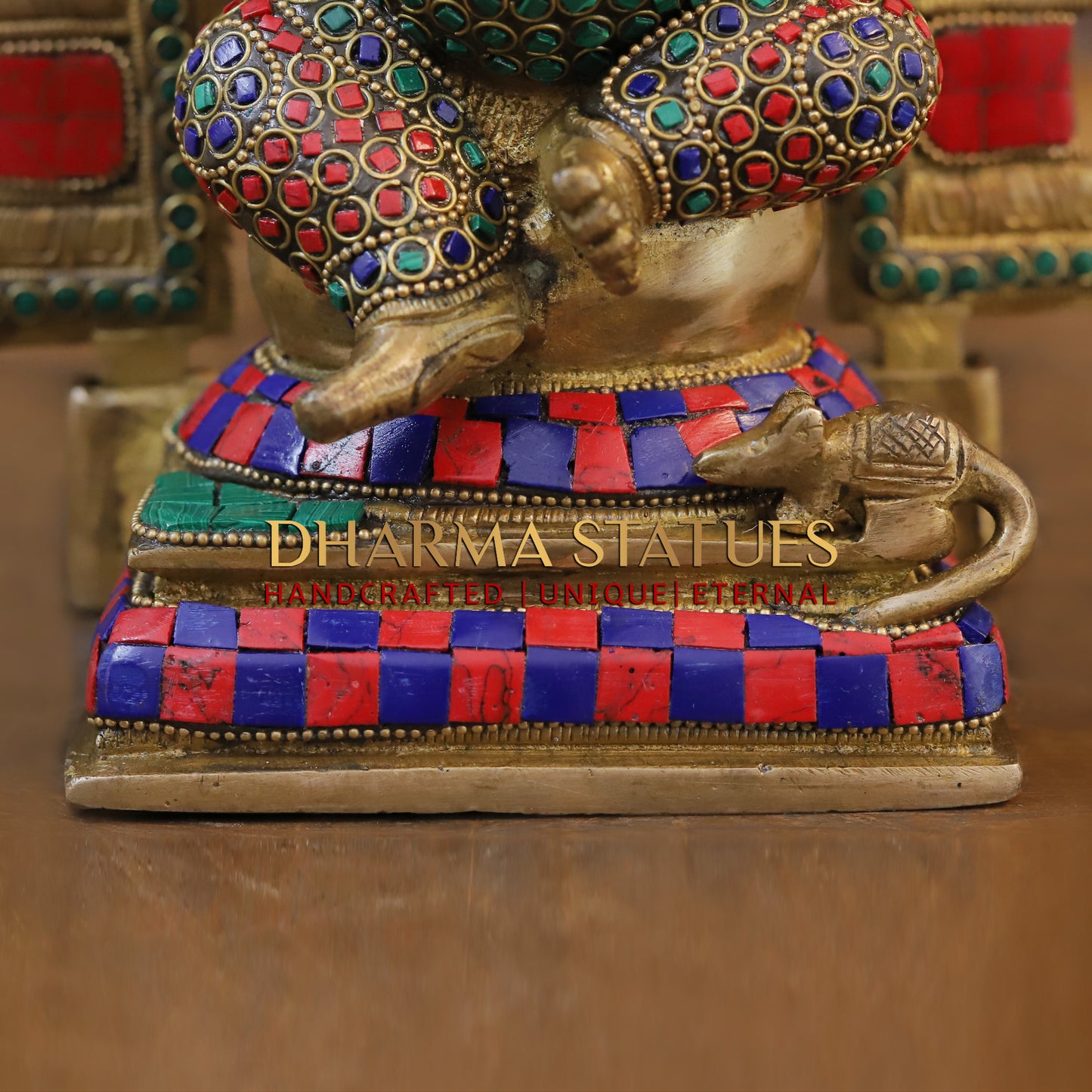 Brass Ganesh seated on Throne, Golden & Stonework, 13"