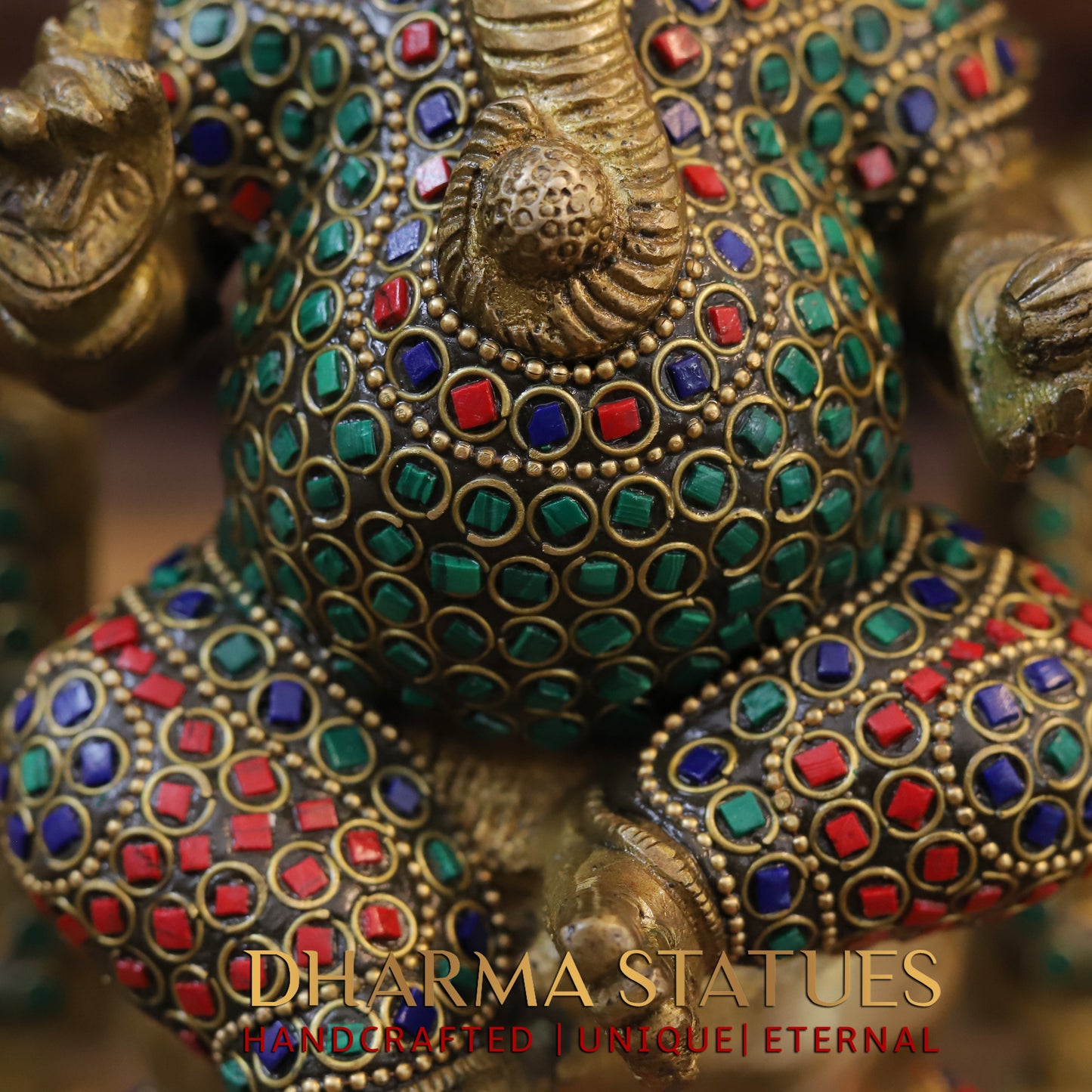 Brass Ganesh seated on Throne, Golden & Stonework, 13"