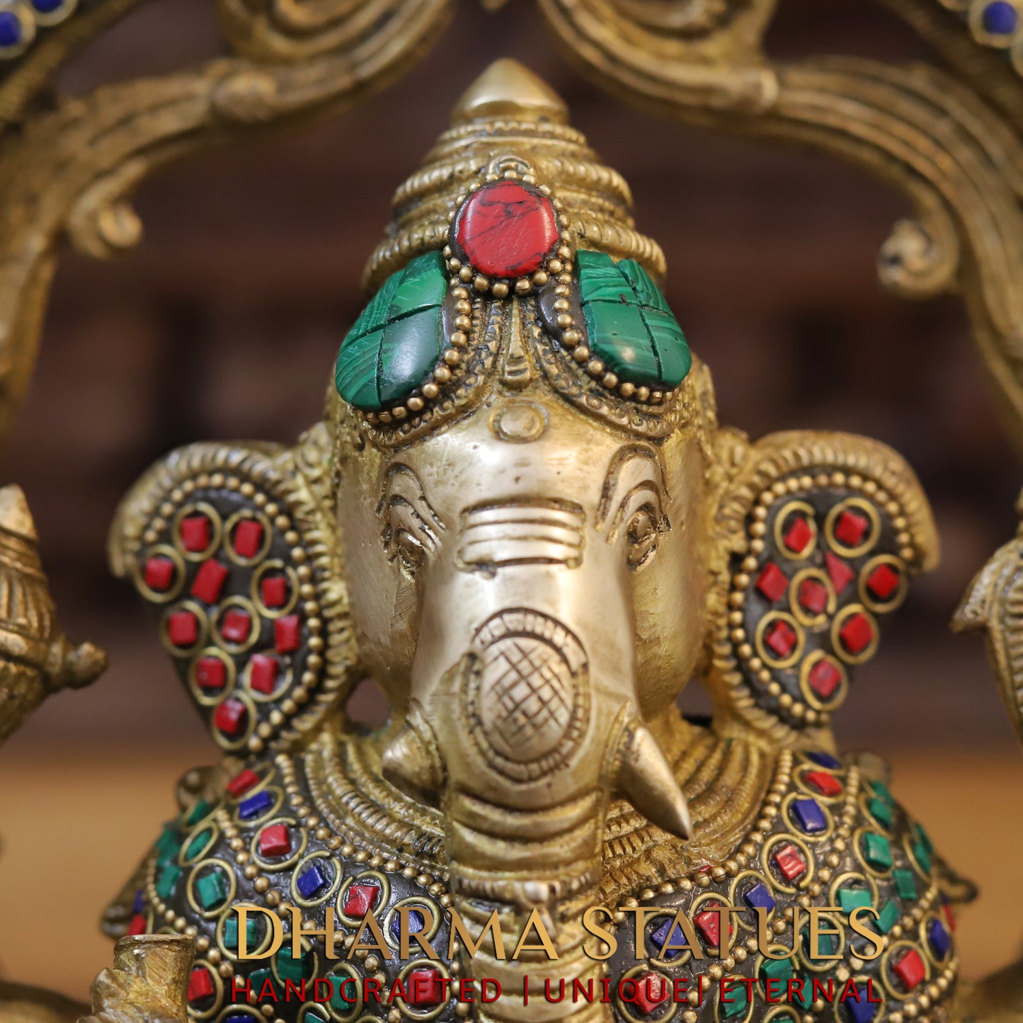 Brass Ganesh seated on Throne, Golden & Stonework, 13"