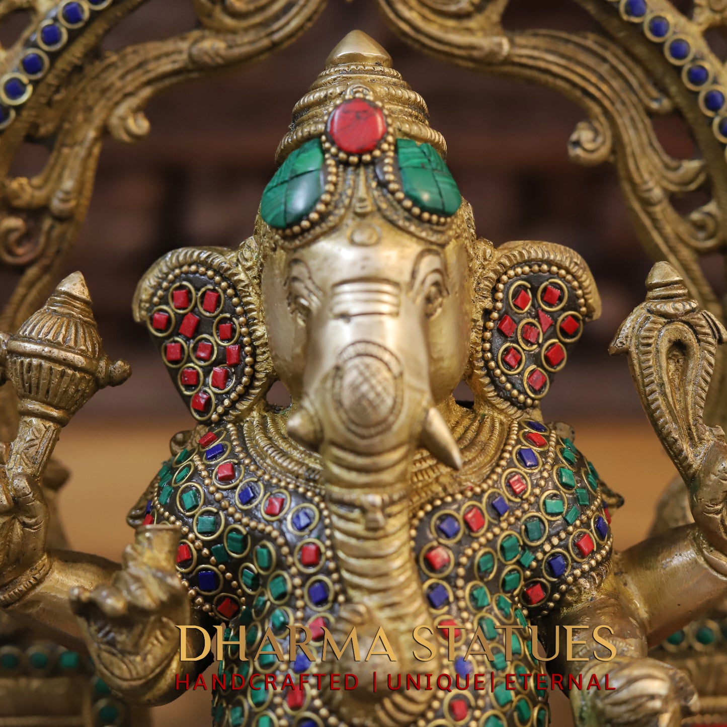 Brass Ganesh seated on Throne, Golden & Stonework, 13"