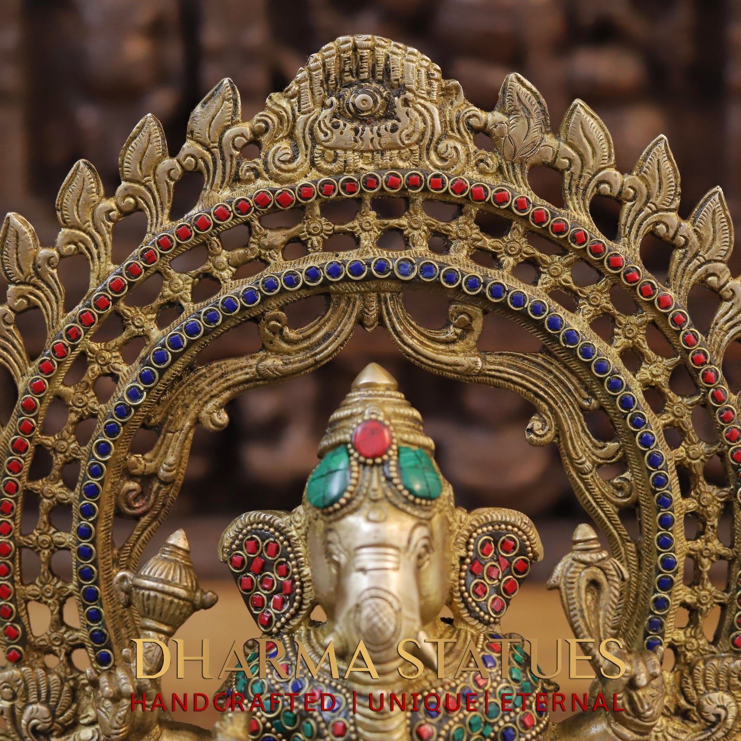 Brass Ganesh seated on Throne, Golden & Stonework, 13"