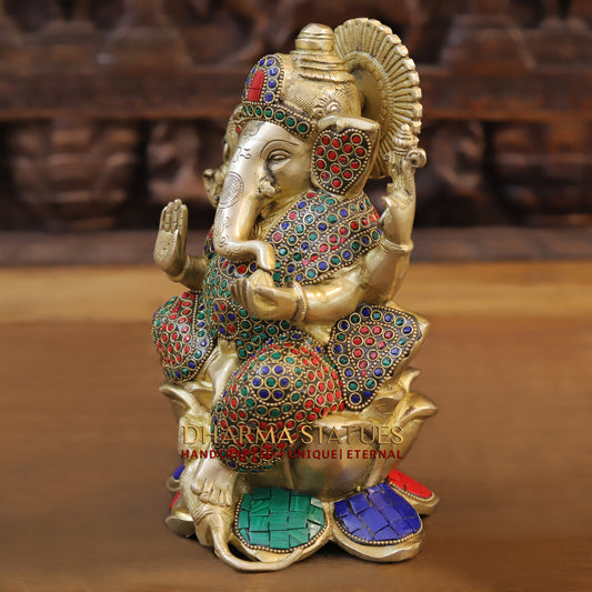 Brass Ganesh seated on Lotus, Golden & Stonework, 10"