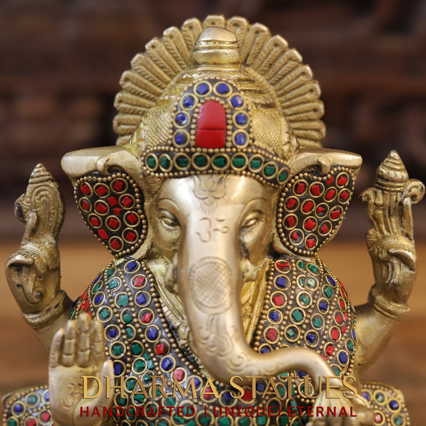 Brass Ganesh seated on Lotus, Golden & Stonework, 10"