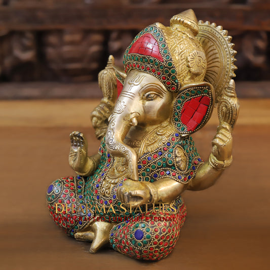 Brass Ganesh seated, Blessing Position, Golden & Stonework, 8.5"