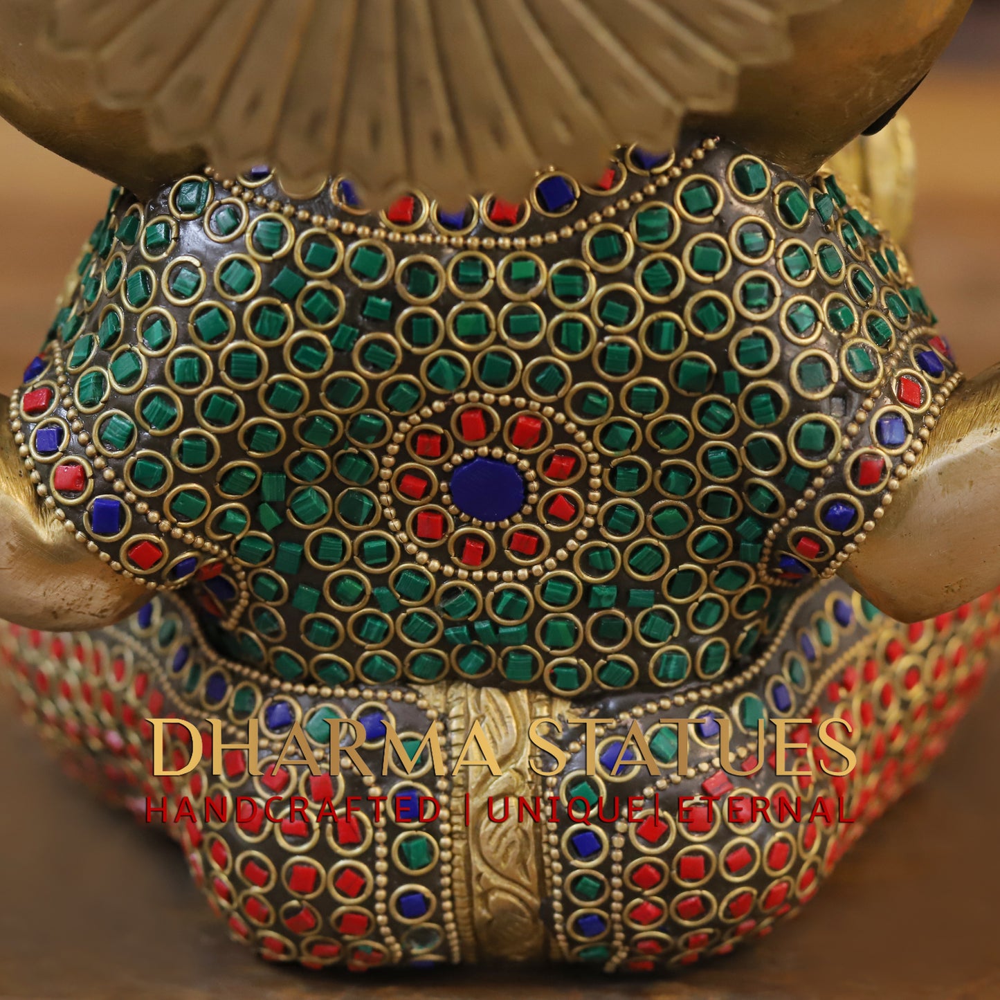 Brass Ganesh seated, Blessing Position, Golden & Stonework, 8.5"