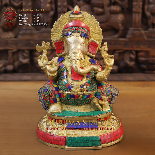 Brass Ganesh seated, Golden & Stonework, 13"