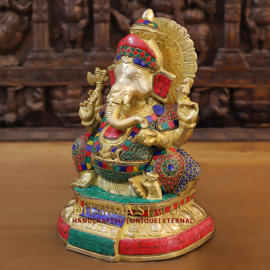 Brass Ganesh seated, Golden & Stonework, 13"