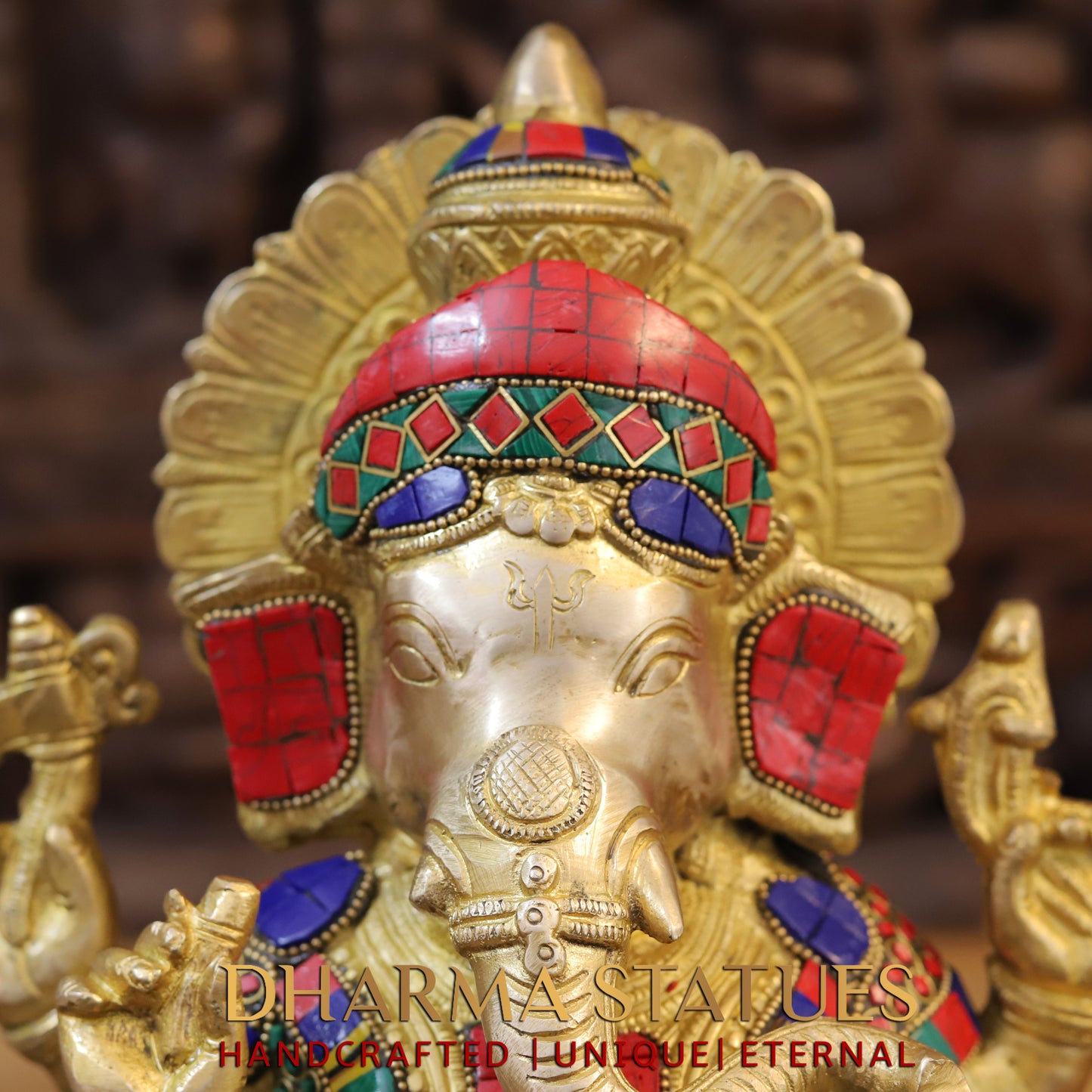Brass Ganesh seated, Golden & Stonework, 13"
