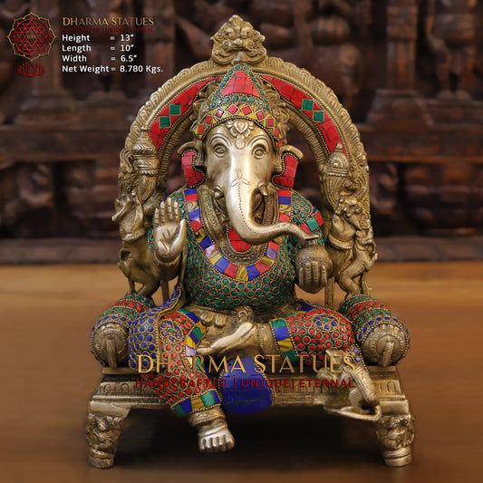 Brass Ganesh seated on Chowki, Blessing Position, Golden & Stonework, 13"