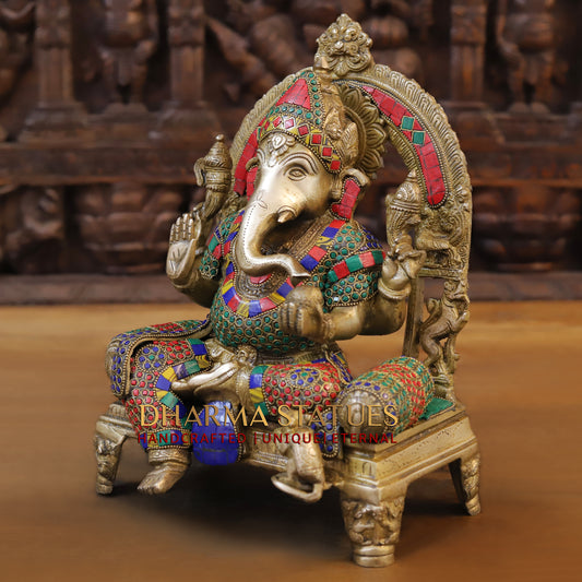 Brass Ganesh seated on Chowki, Blessing Position, Golden & Stonework, 13"