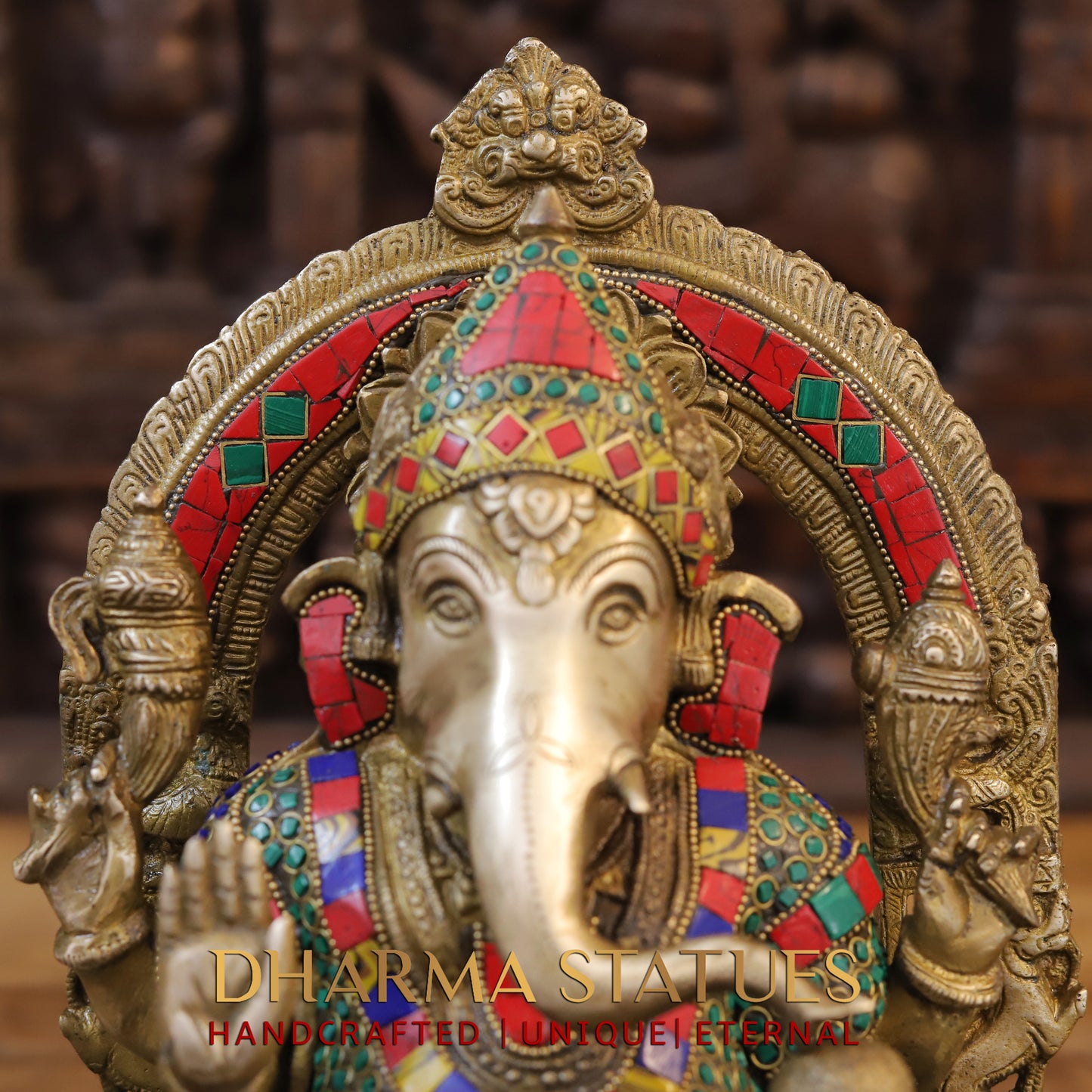 Brass Ganesh seated on Chowki, Blessing Position, Golden & Stonework, 13"