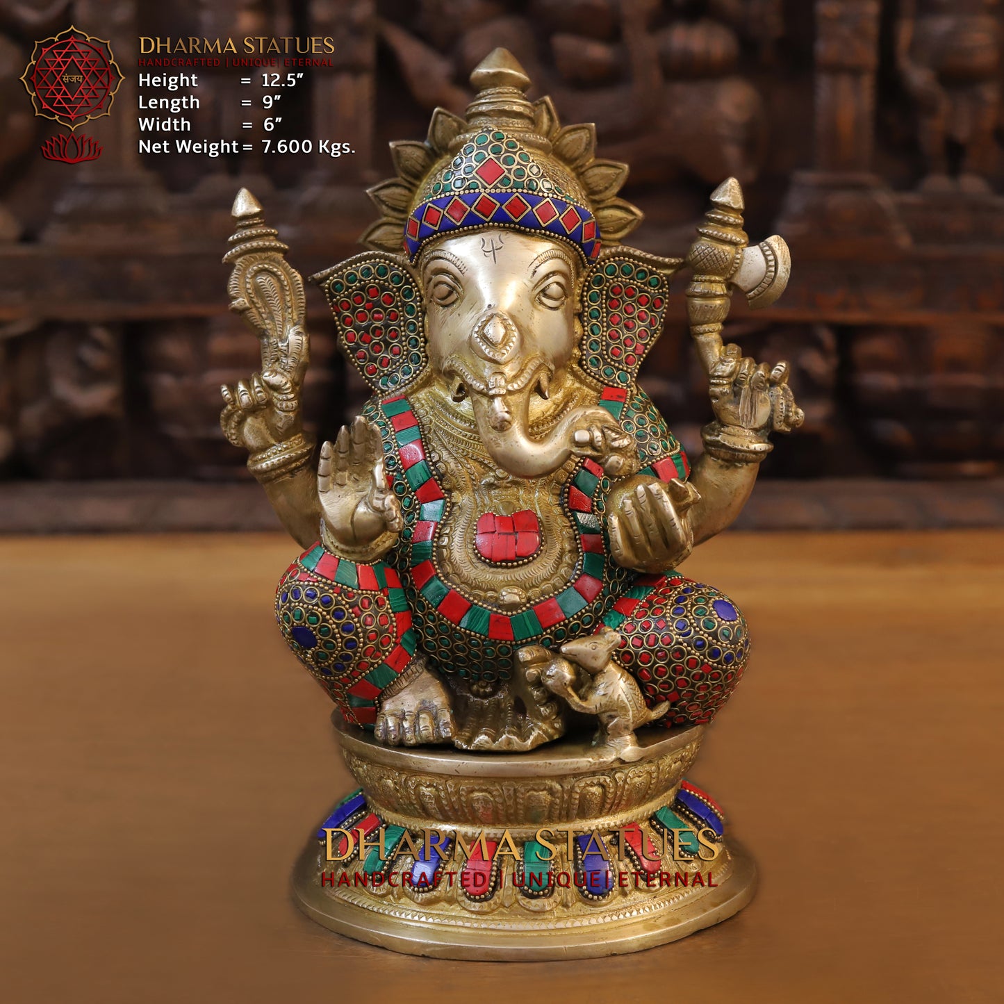Brass Ganesh seated on Base, Blessing Position, Golden & Stonework, 12.5"