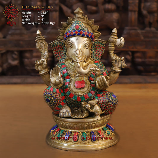 Brass Ganesh seated on Base, Blessing Position, Golden & Stonework, 12.5"