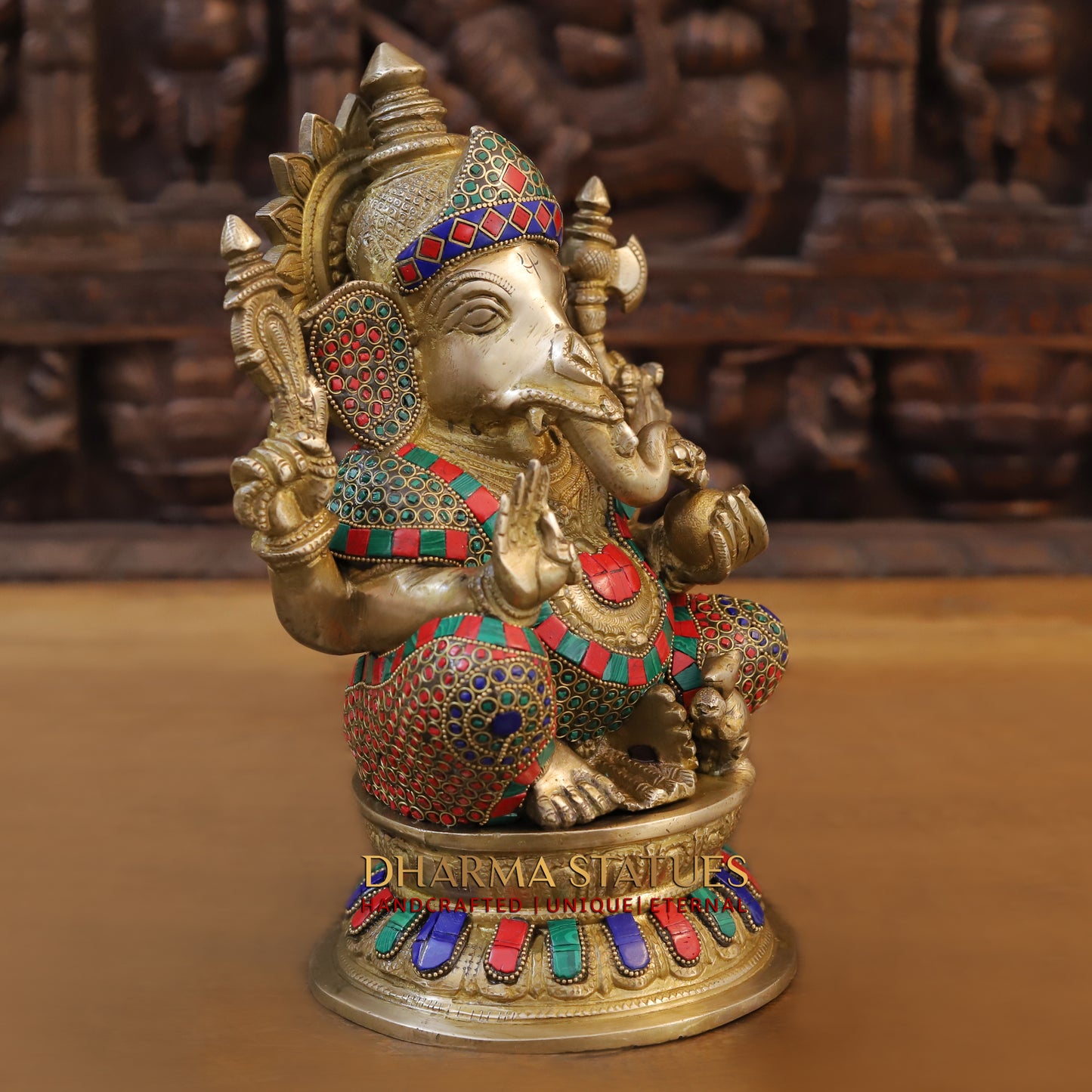 Brass Ganesh seated on Base, Blessing Position, Golden & Stonework, 12.5"