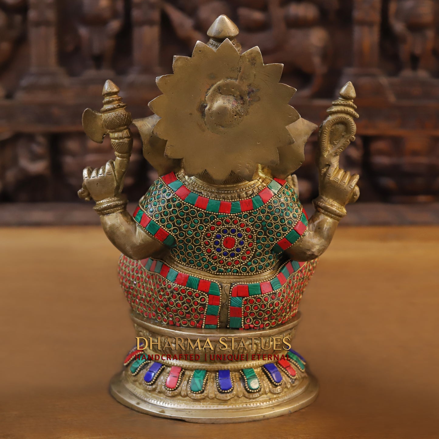 Brass Ganesh seated on Base, Blessing Position, Golden & Stonework, 12.5"