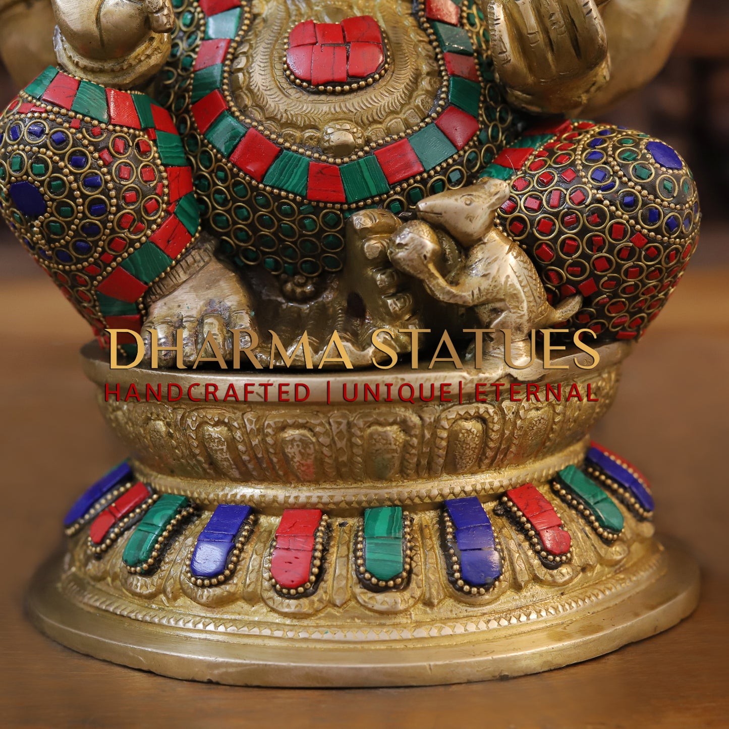 Brass Ganesh seated on Base, Blessing Position, Golden & Stonework, 12.5"