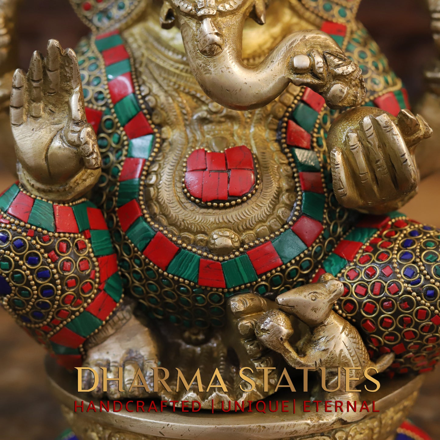 Brass Ganesh seated on Base, Blessing Position, Golden & Stonework, 12.5"