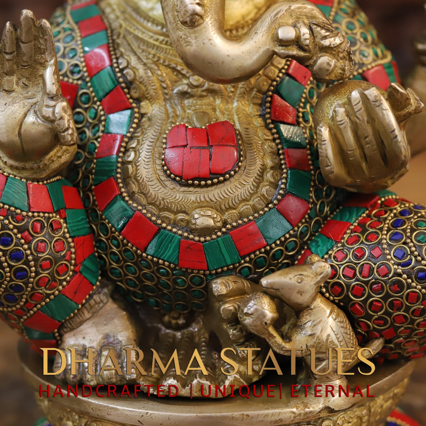 Brass Ganesh seated on Base, Blessing Position, Golden & Stonework, 12.5"