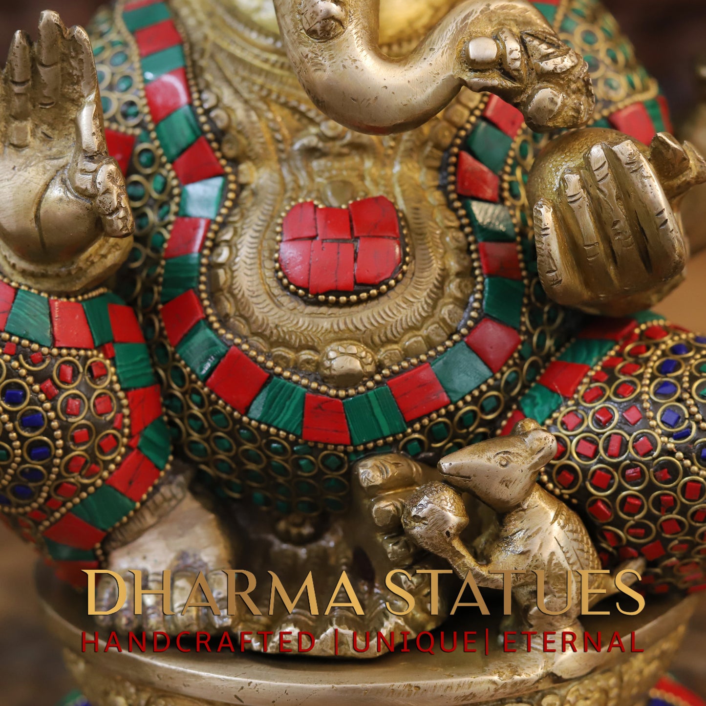 Brass Ganesh seated on Base, Blessing Position, Golden & Stonework, 12.5"