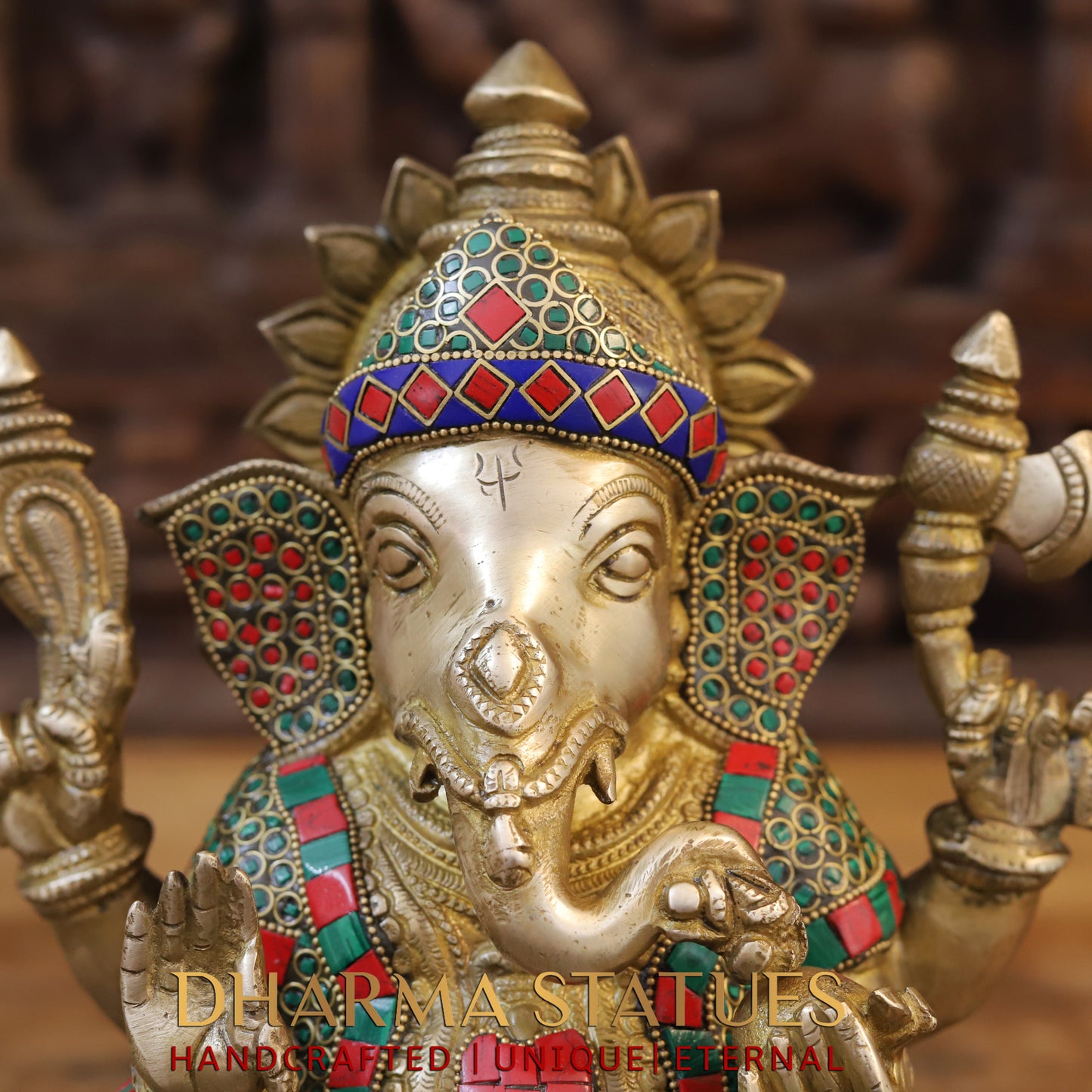 Brass Ganesh seated on Base, Blessing Position, Golden & Stonework, 12.5"