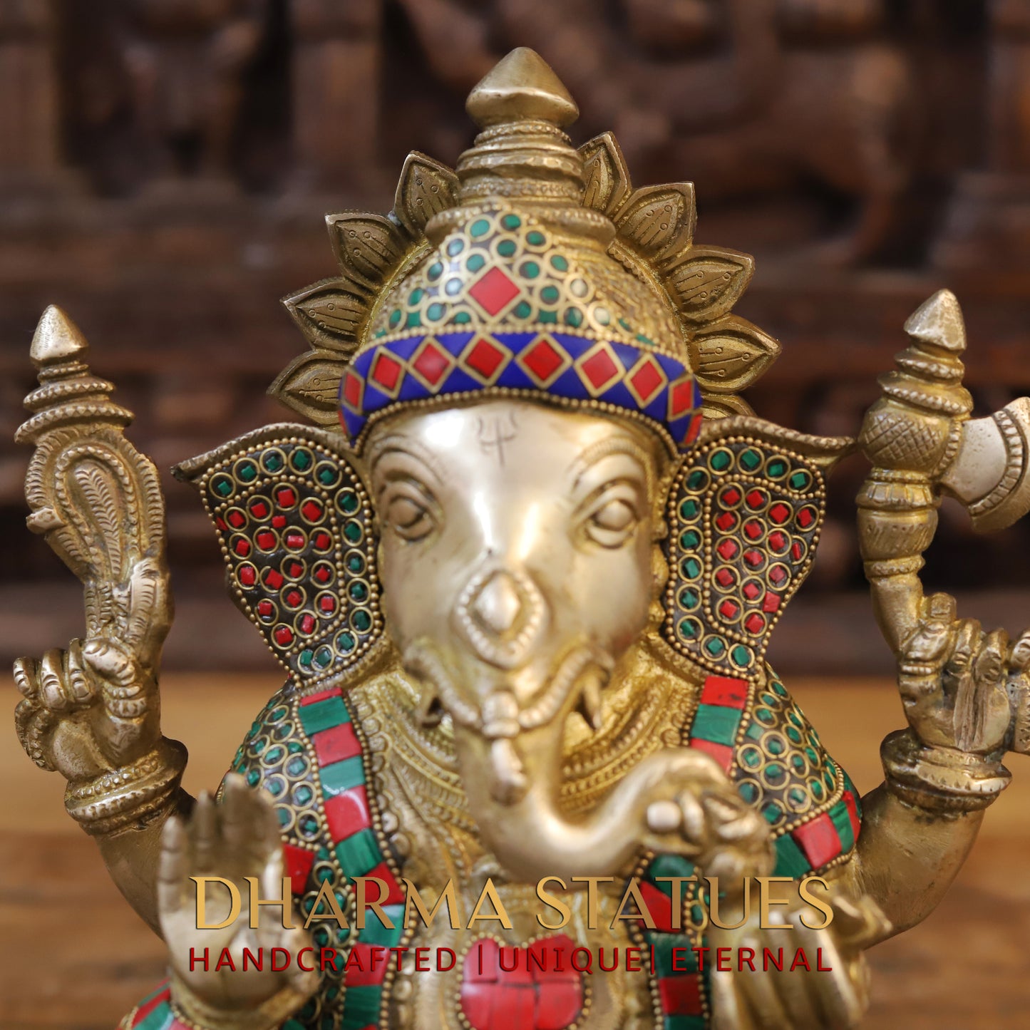 Brass Ganesh seated on Base, Blessing Position, Golden & Stonework, 12.5"