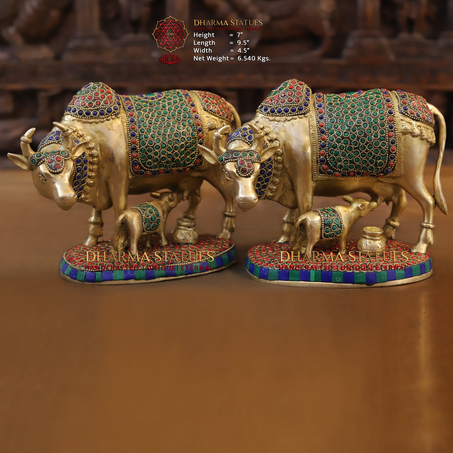 Brass Cow & Calf, Golden & Stonework, 7"