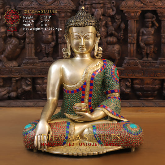 Brass Buddha Seated, Golden & Stonework, 17.5"