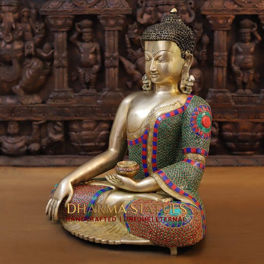 Brass Buddha Seated, Golden & Stonework, 17.5"