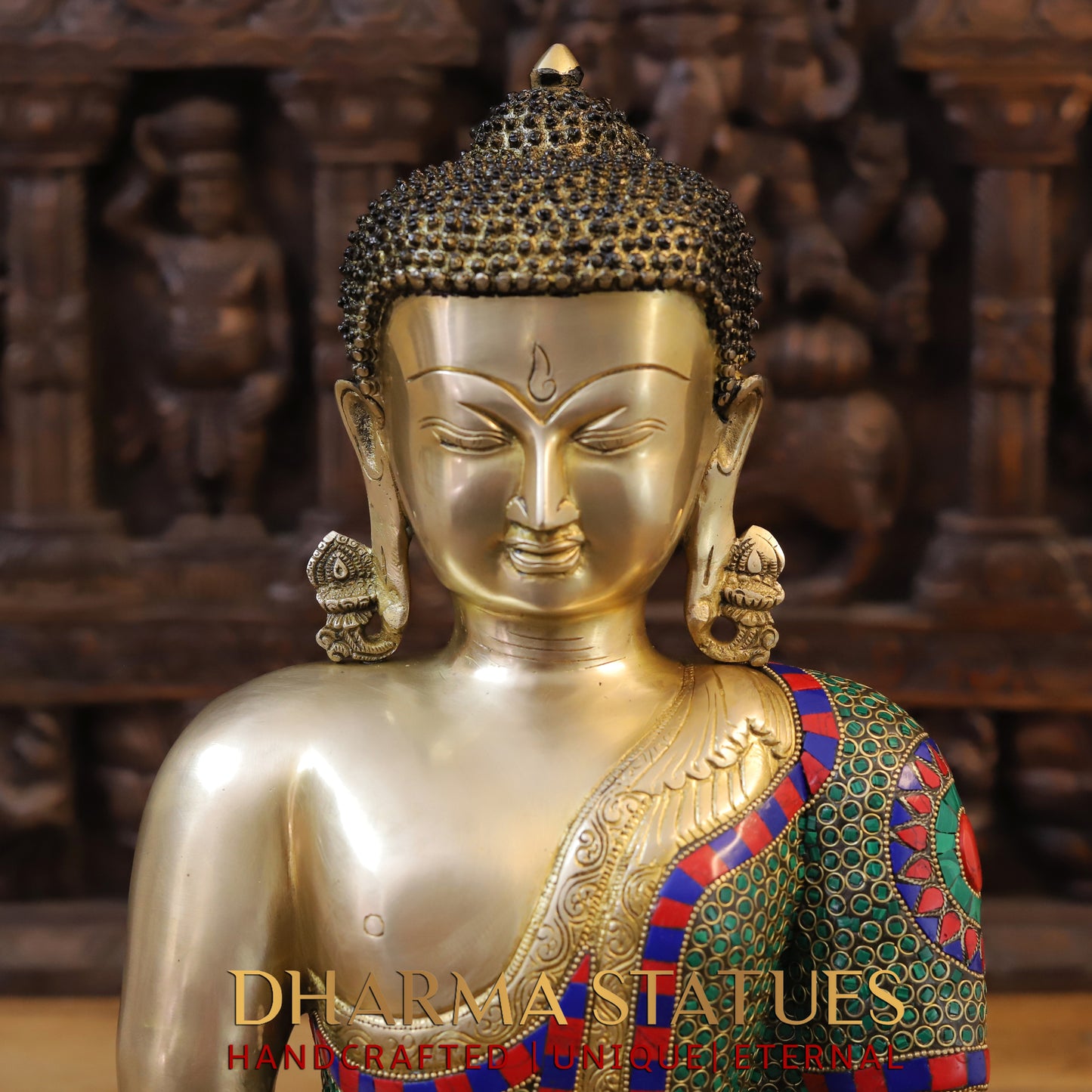 Brass Buddha Seated, Golden & Stonework, 17.5"