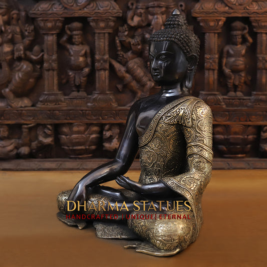 Brass Buddha seated, Black Patina & Fine Finish, 18"