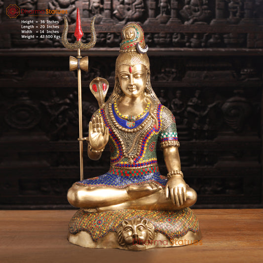 Brass Shiva Idol, Seated on Lion Skin, Fine Golden and Stone Work 36" front view