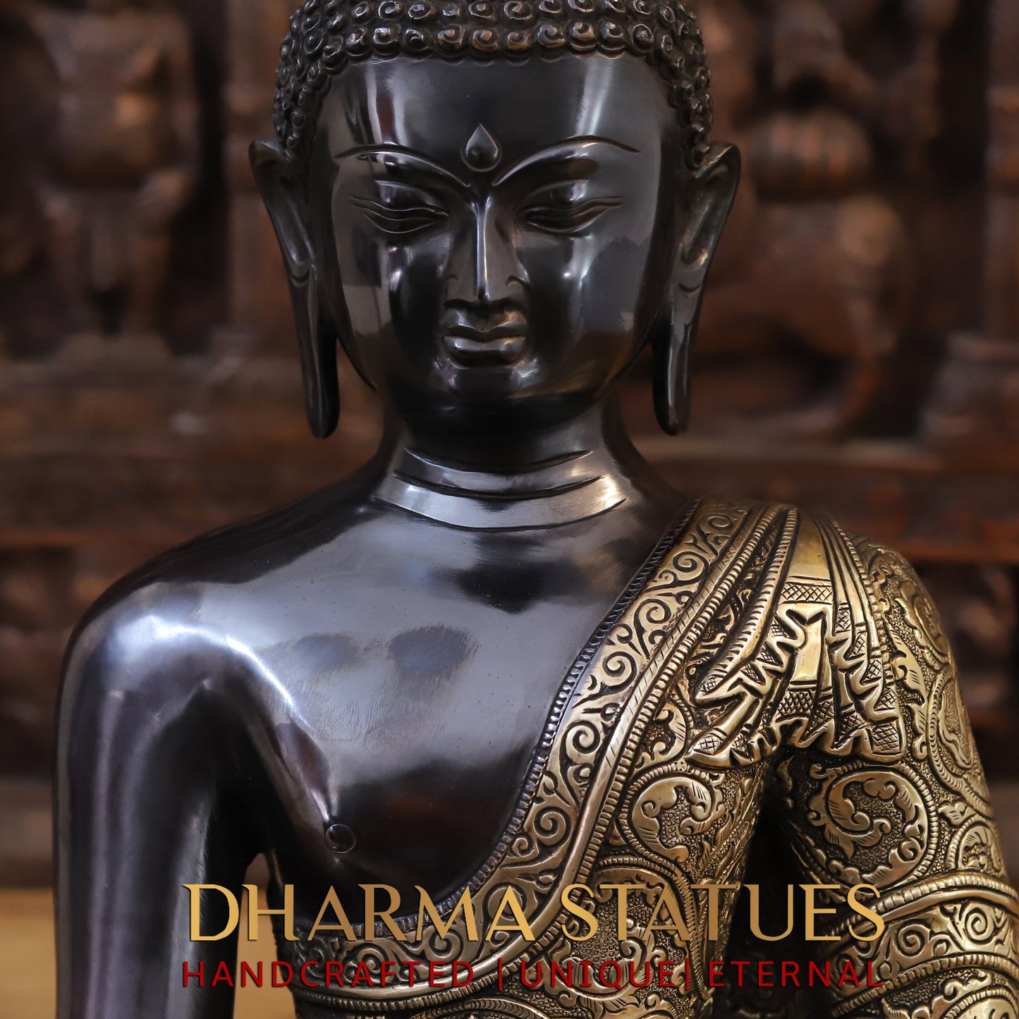 Brass Buddha seated, Black Patina & Fine Finish, 18"