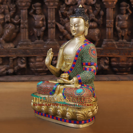 Brass Buddha seated in Vitarka Mudra, Golden Finish & Stonework, 16"