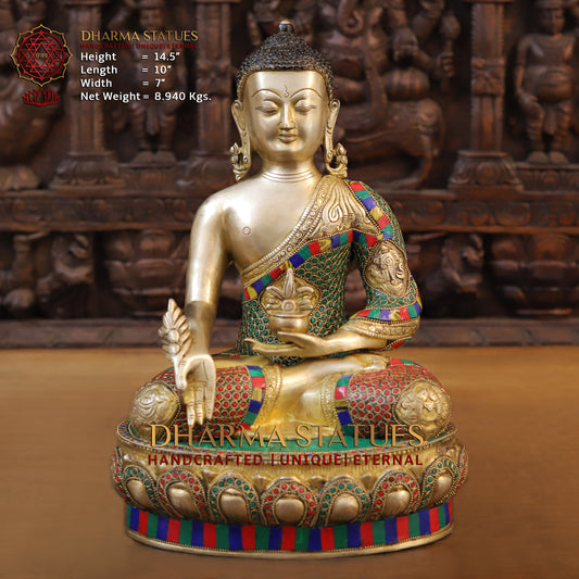 Brass Buddha seated, Golden & Stonework, 14.5"