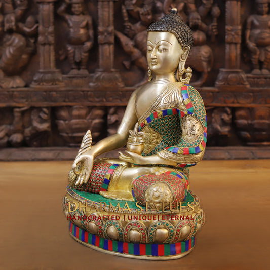 Brass Buddha seated, Golden & Stonework, 14.5"