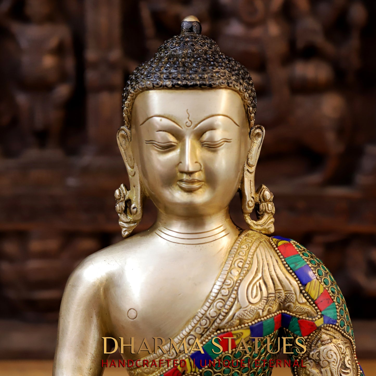 Brass Buddha seated, Golden & Stonework, 14.5"
